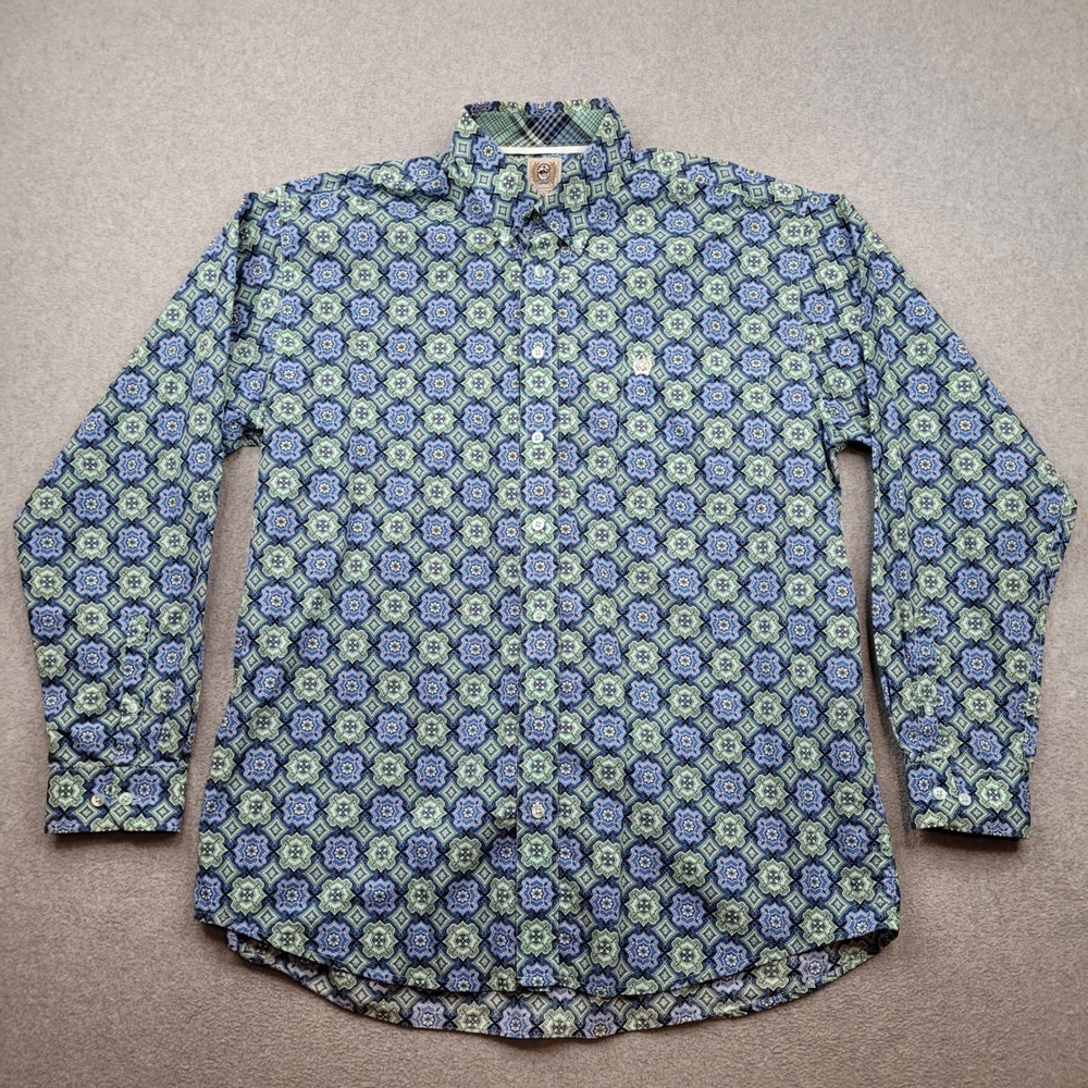 Cinch Button Down Shirt Men Large Blue Geometric Medallion Long Sleeve Cotton